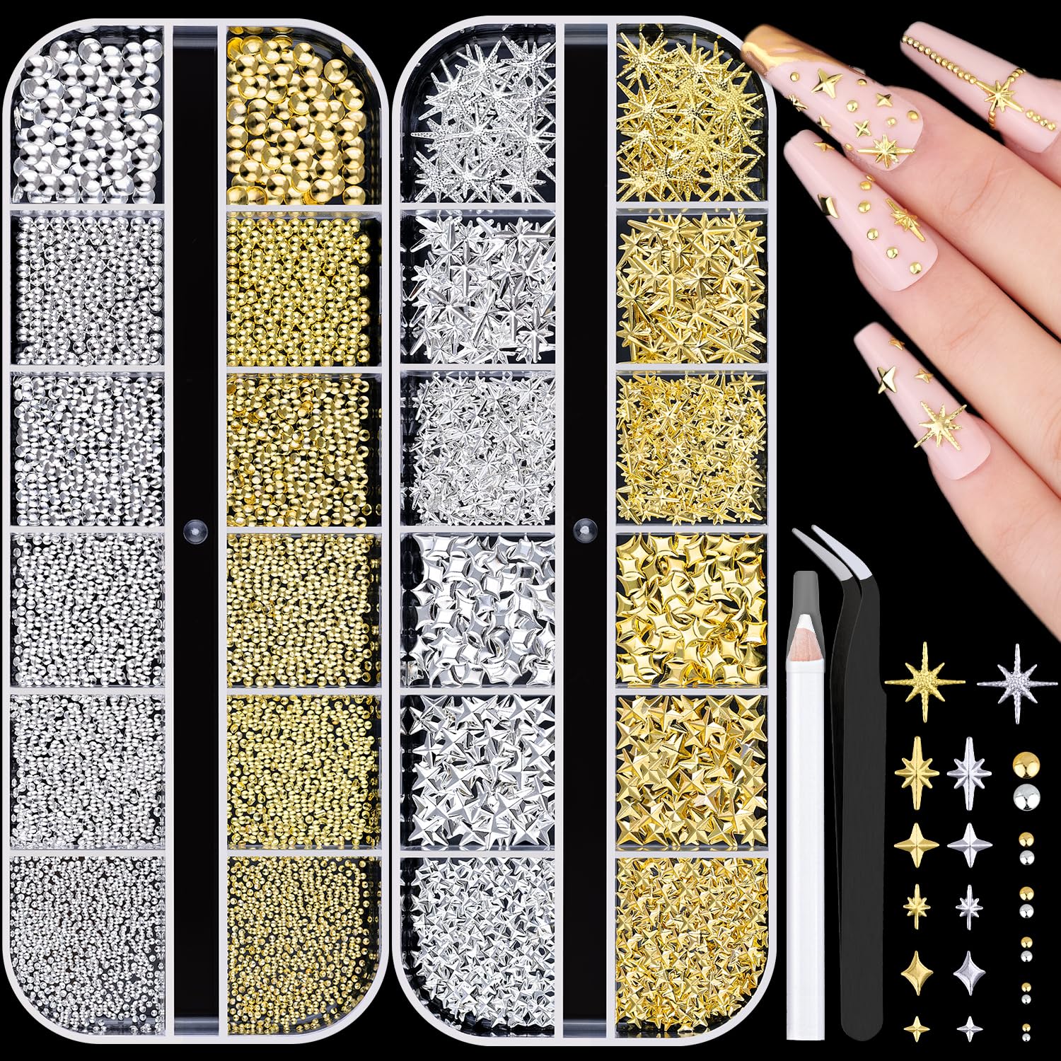 Silver Gold Nail Charms Set — 2640pcs Stars & Beads